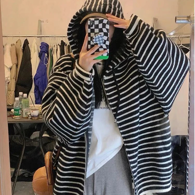 慵懒风长袖条纹连帽拉链开衫百搭毛衣ins女秋装宽松针织衫外套