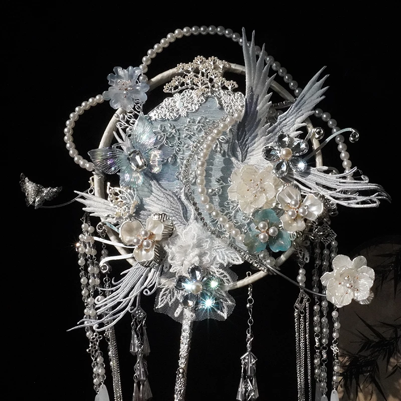 新娘结婚蓝色双面重工团扇手工diy材料包成品秀禾喜扇中式伴手礼