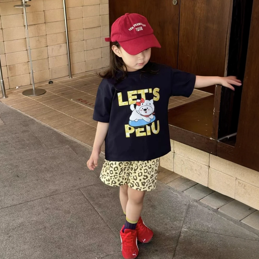 小惜亦夏季2025韩版童装女童可爱卡通猫短袖豹纹裤洋气宝宝套装