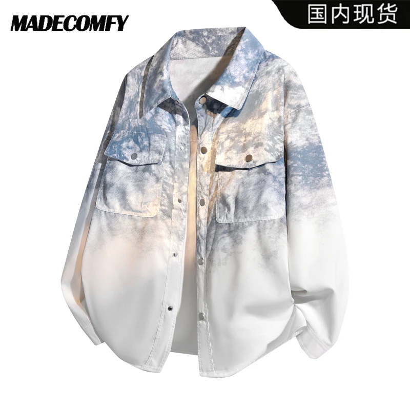 衬衫男士秋季新款美式扎染翻领衬衣时尚宽松休闲百搭长袖开衫外套
