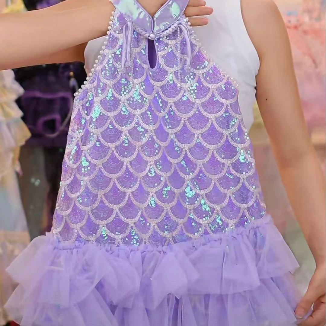 挂脖珍珠【梦幻紫-美人鱼小礼服】新款公主裙女童连衣裙