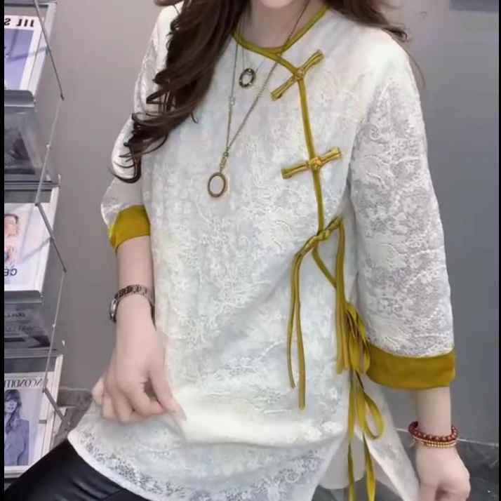 新中式蕾丝衫2025春季新款盘扣复古宽松遮肉百搭上衣