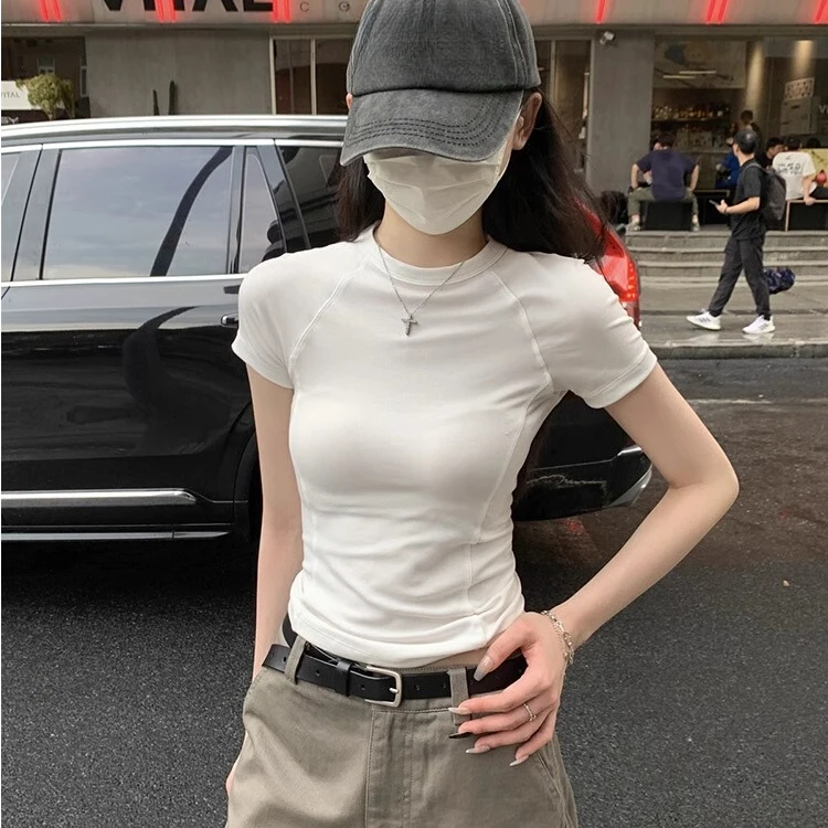 白色插肩短袖t恤女2025新款爆款夏季半袖紧身修身小个子短款上衣
