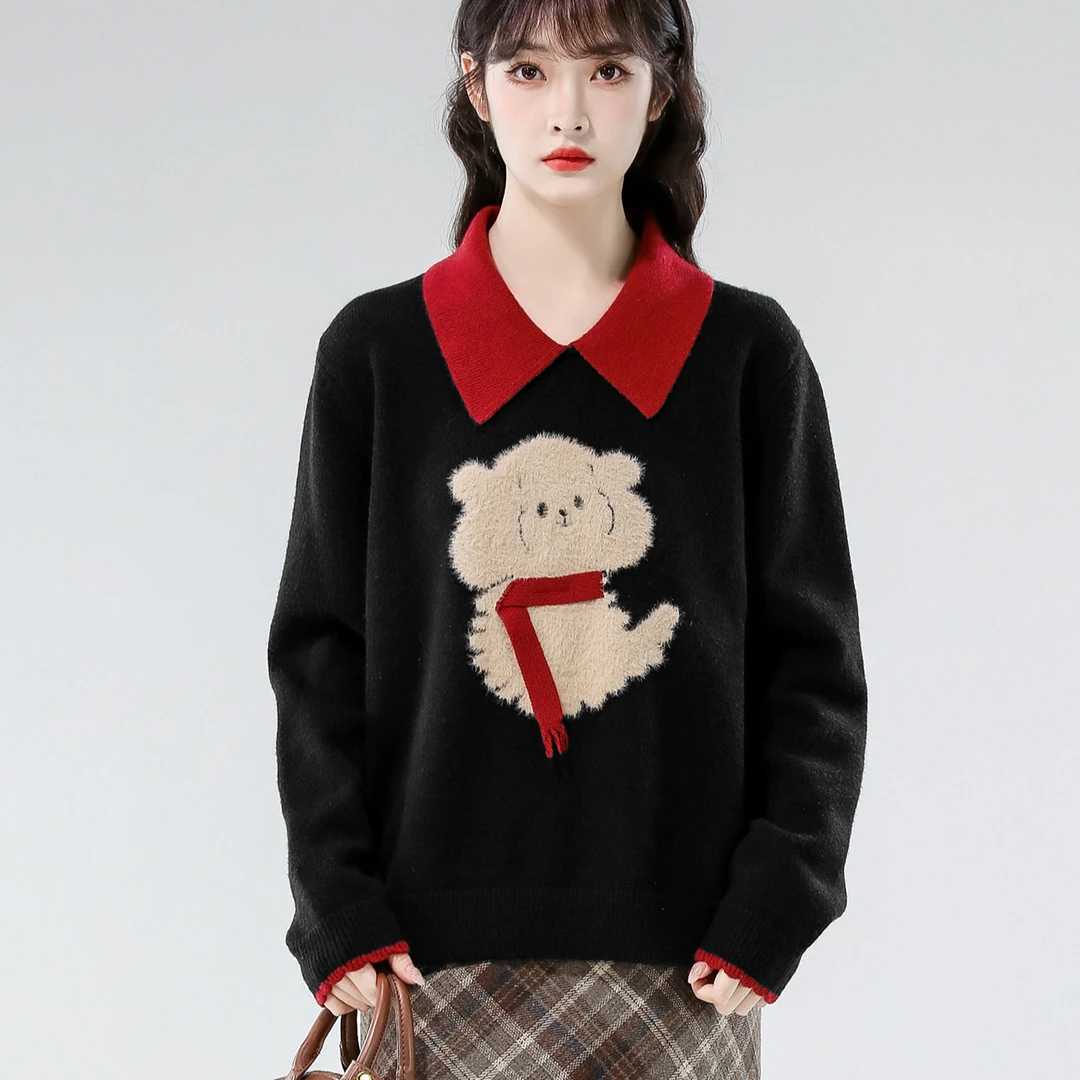 SM潮流胖MM秋装大码翻领撞色新款可爱减龄毛针织衫显瘦宽松上衣女