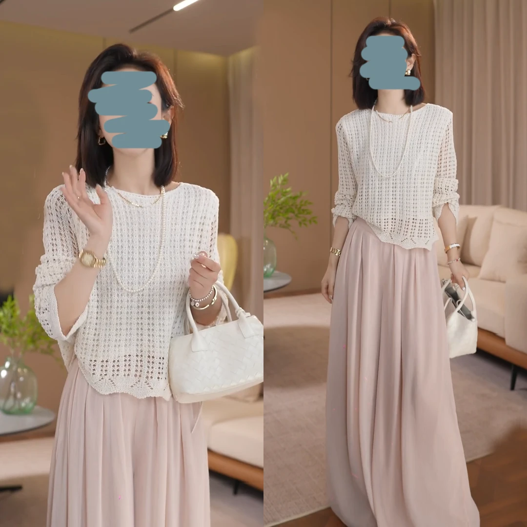 春游出行衣服套装女防晒镂空针织衫夏季粉色阔腿裤清冷感两件套