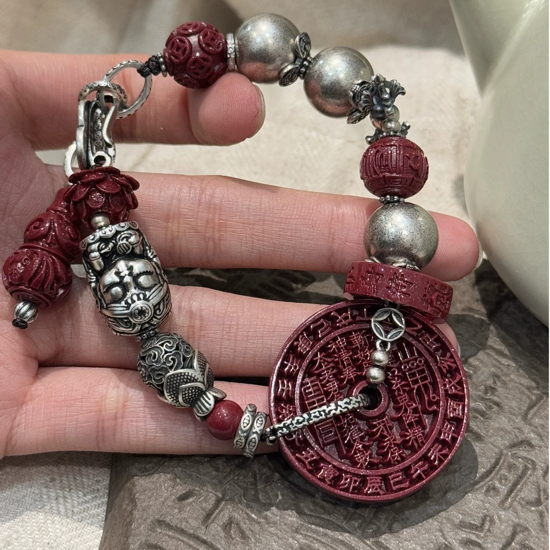 含辰砂工艺品S09907<非晚>s925银紫砂山鬼六字真言祥云扎基银手链