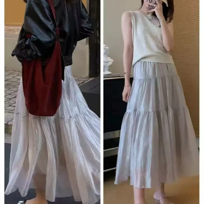 法式肌理感轻盈珠光柔纱半身裙中长款高腰显瘦蓬蓬蛋糕裙新款女款