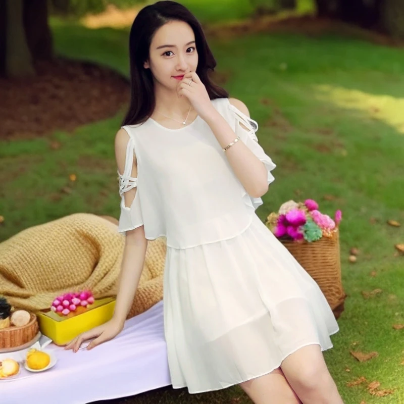 2025雪纺连衣裙女装遮肚子露肩雪纺超仙流行显瘦胖mm遮肚a字裙子