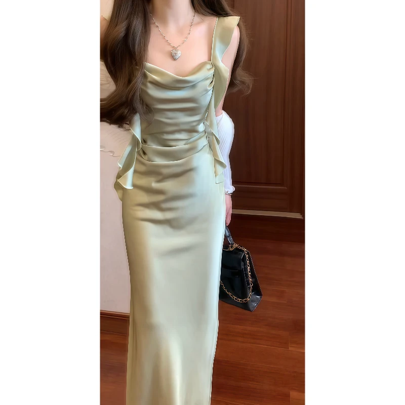 夏季绿色缎面荷叶边吊带连衣裙性感露背海边度假风长裙9542