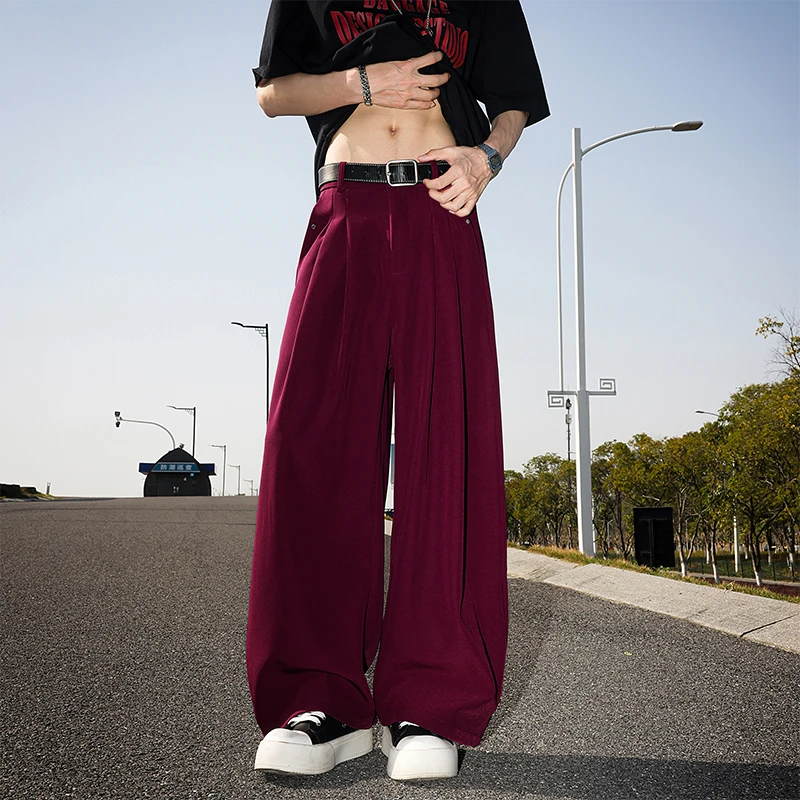 酒红色复古打褶宽松阔腿垂感西装裤hiphop裤子潮小众休闲弯刀西裤