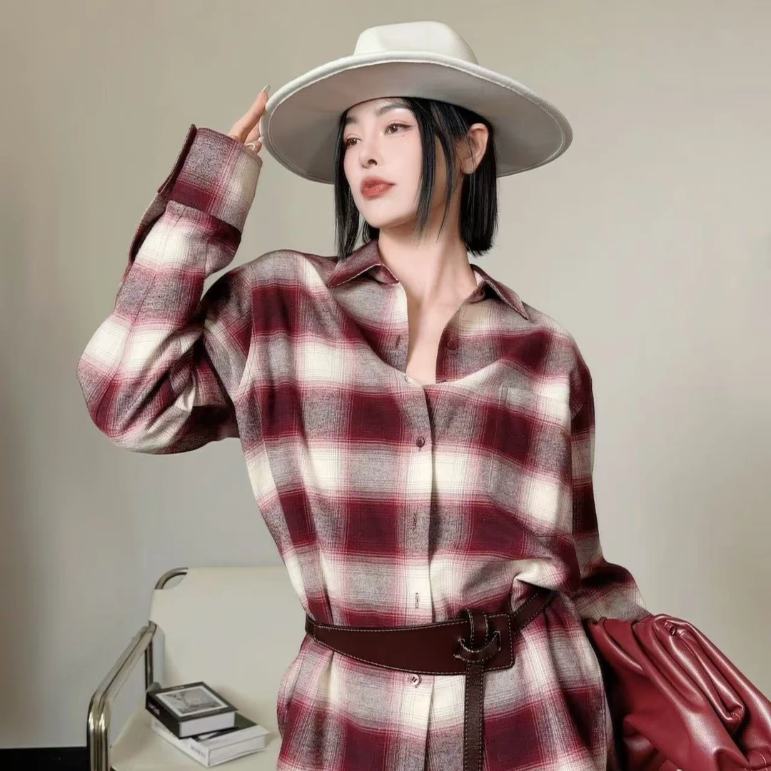 【磨毛衬衫时尚上衣】全棉多穿渐变格子复古宽松气质格纹衬衣长袖