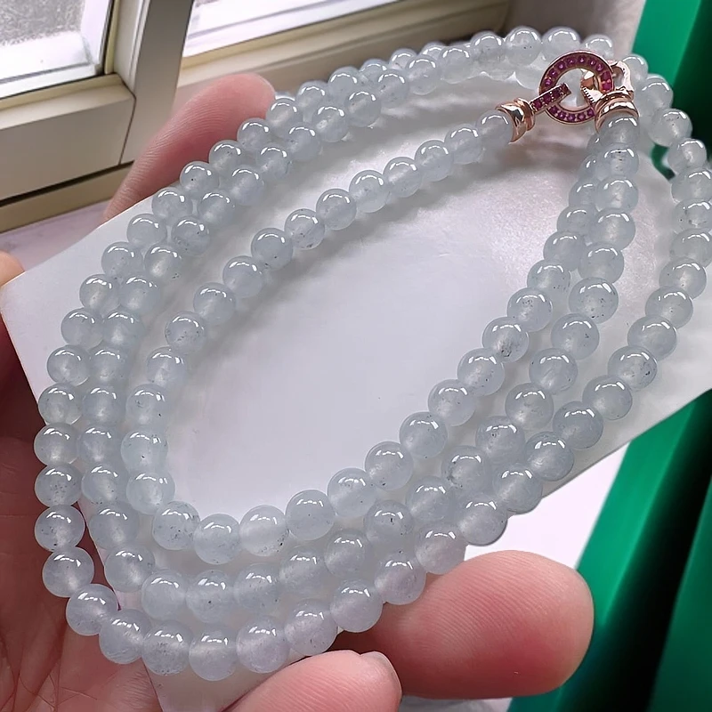 天然A货翡翠卡5.4mm高冰种白月光星空乌鸡珠子项链妈妈链多圈手串