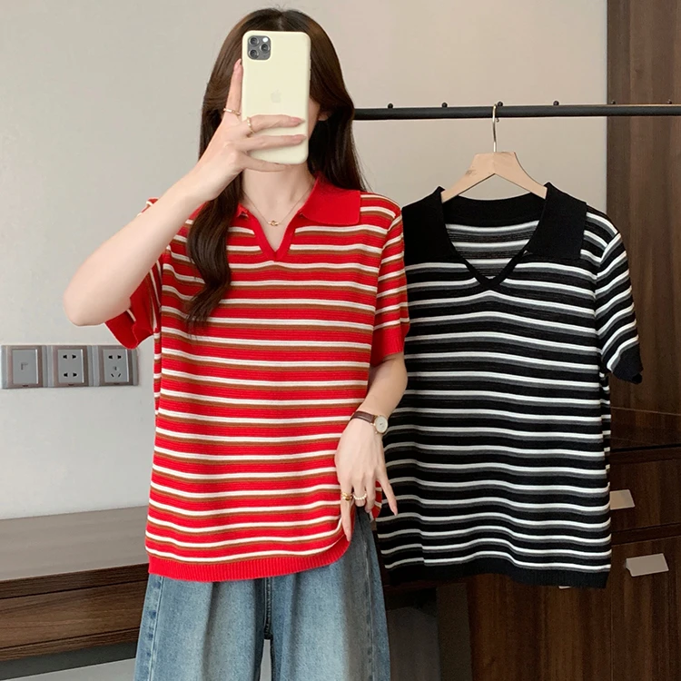 卡洛町大码女装90-200斤夏季款时尚休闲百搭条纹串色针织T恤3996