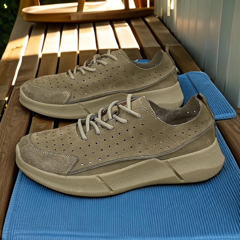 头层牛皮真皮厚底男鞋夏季透气镂空休闲运动复古百搭内增高皮鞋男