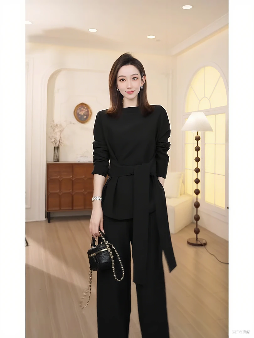 大码高级感时尚休闲套装女秋季胖妹mm气质减龄系带上衣长裤两件套
