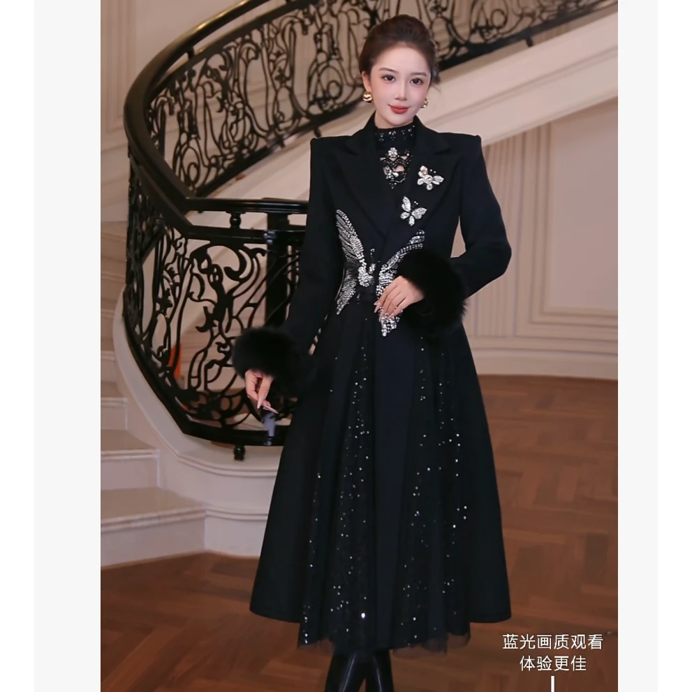 【芙娜妮】秋冬2025中长款小个子西装领蝴蝶长袖外套女装FG2531184A