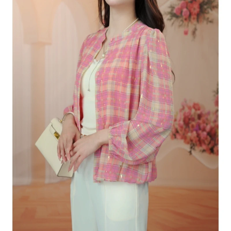 粉色格子长袖衬衫上衣休闲百搭宽松大码显瘦衬衣洋气时尚夏季新款