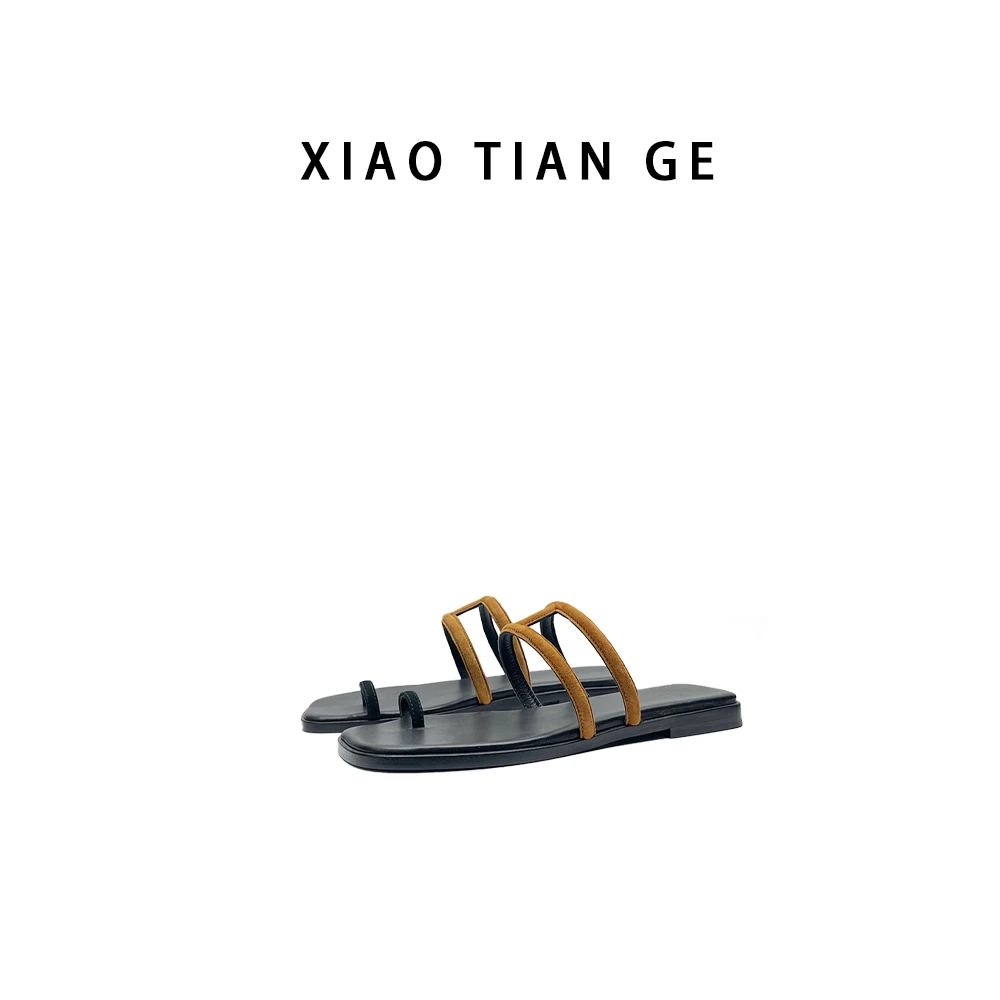 （真皮大底）夏季薄款方头拼色平底一字拖时尚凉鞋凉拖鞋高跟坡跟