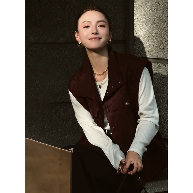 LAOMO.MOKI 宽松POLO领女翻领口袋宽松型服装做旧女装马甲 018