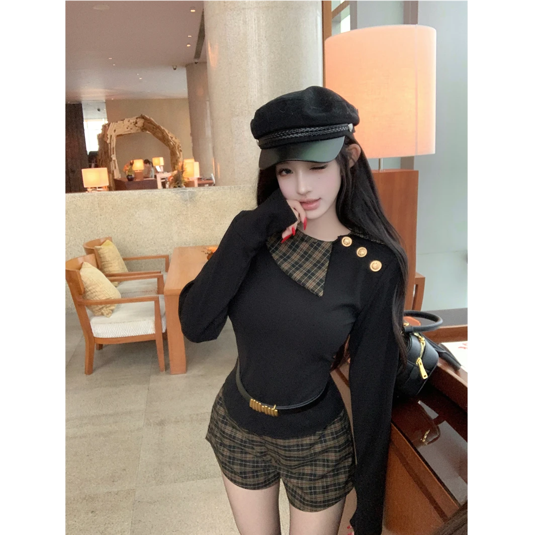 格子拼接假两件长袖上衣女复古显瘦休闲格纹短裤套装配腰带