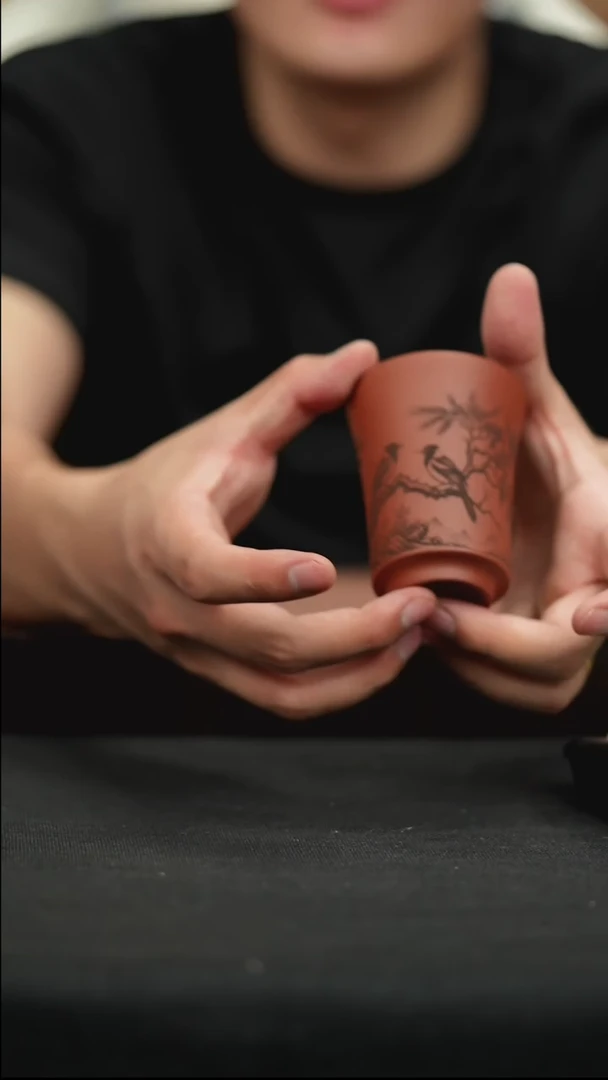 茶壶紫砂刻绘小鸟闻香杯