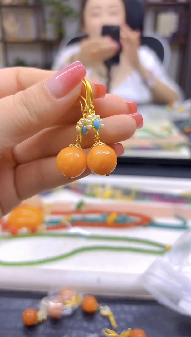 14K金镶嵌和田玉（糖玉）耳饰DIY款E476