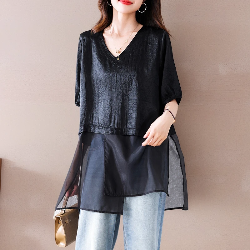 大码简约时尚气质中长款拼接短袖T恤女夏高级感宽松百搭休闲上衣