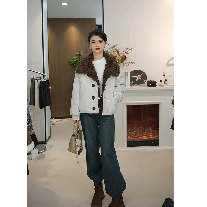 短款派克服毛领翻领宽松型常规拼接时尚小个子百搭宽松羽绒服