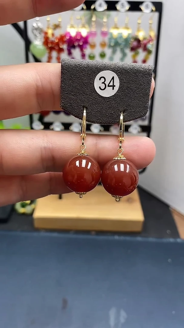 南红玛瑙银S925镀金镶嵌耳饰尺寸16mm耳扣66