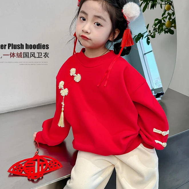新年衣服女童红色一体绒卫衣洋气儿童拜年服D5694-YGG