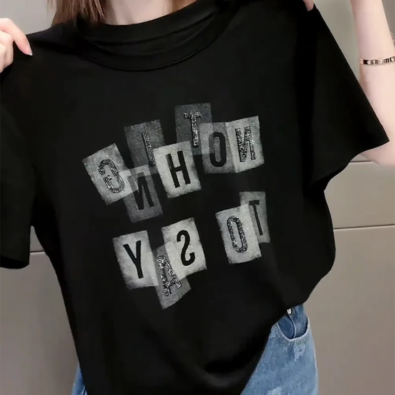 2025夏季顺款黑色字母圆领短袖女美式韩版高级洋气质感显瘦上衣