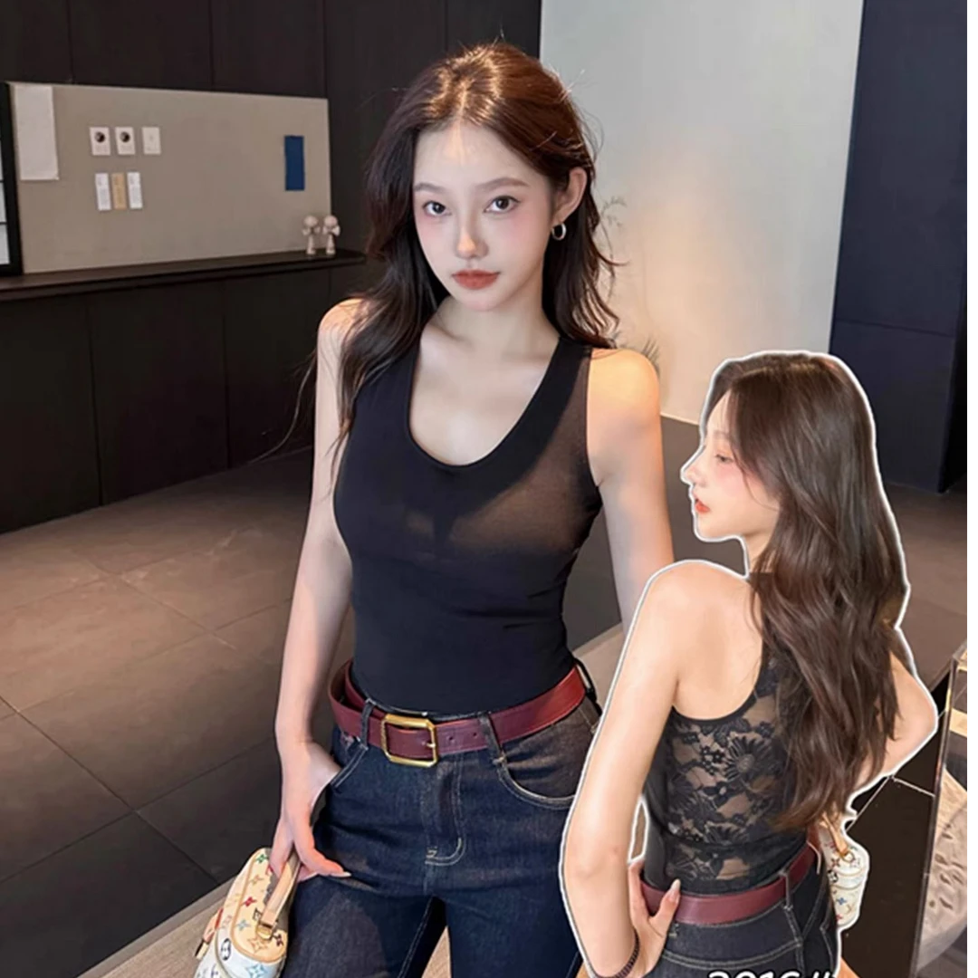 浠儿家•秋冬纯棉吊带带胸垫背蕾丝拼接宽肩带一体式美背背心