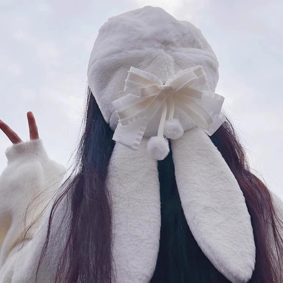 洛丽塔lolita兔耳朵蝴蝶结贝雷帽子冬天毛茸茸纯欲甜美保暖画家帽