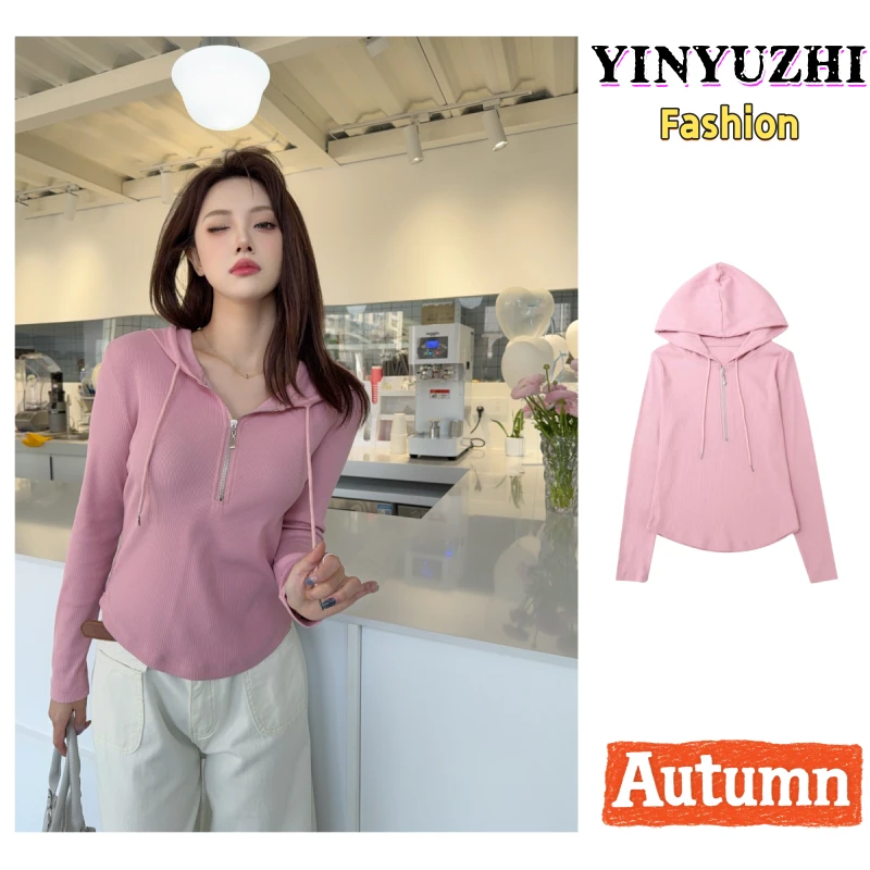 YINYUZHI/吟雨枝秋季爆款休闲拉链正肩连帽打底衫长薄款帽衫5703