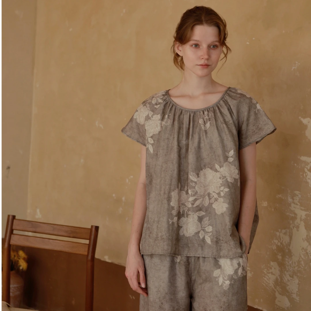 新款全棉双层纱布申睡衣宽松森系花卉印花短袖长裤睡衣套装