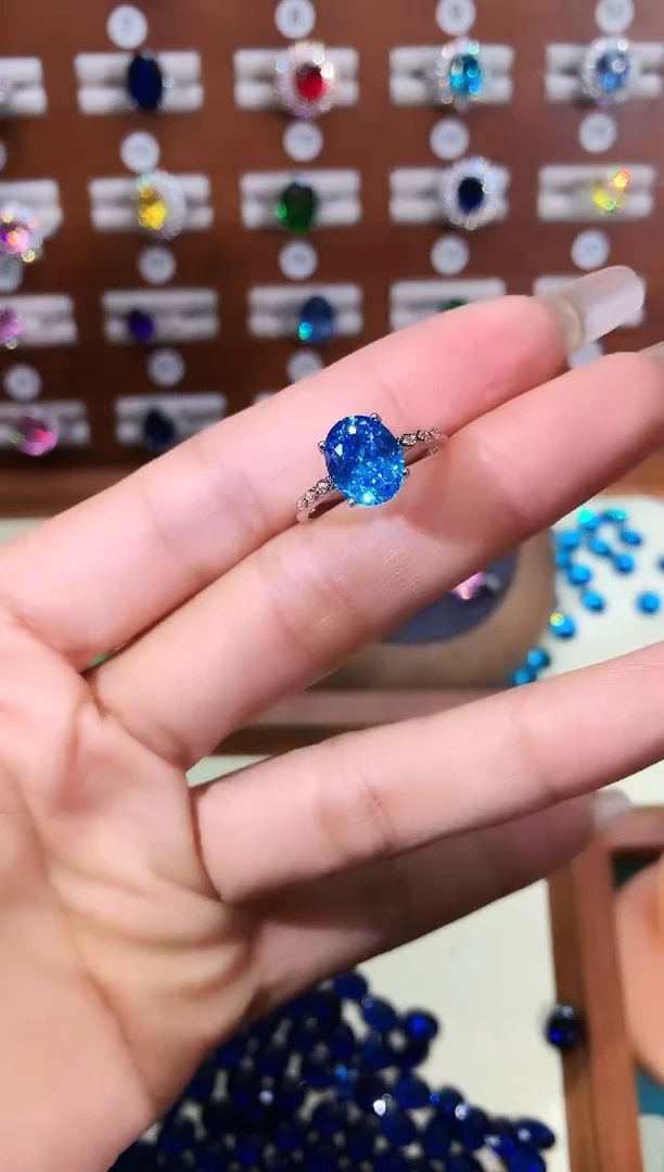 银S925镶嵌戒圈海蓝宝石810白鸟巢切