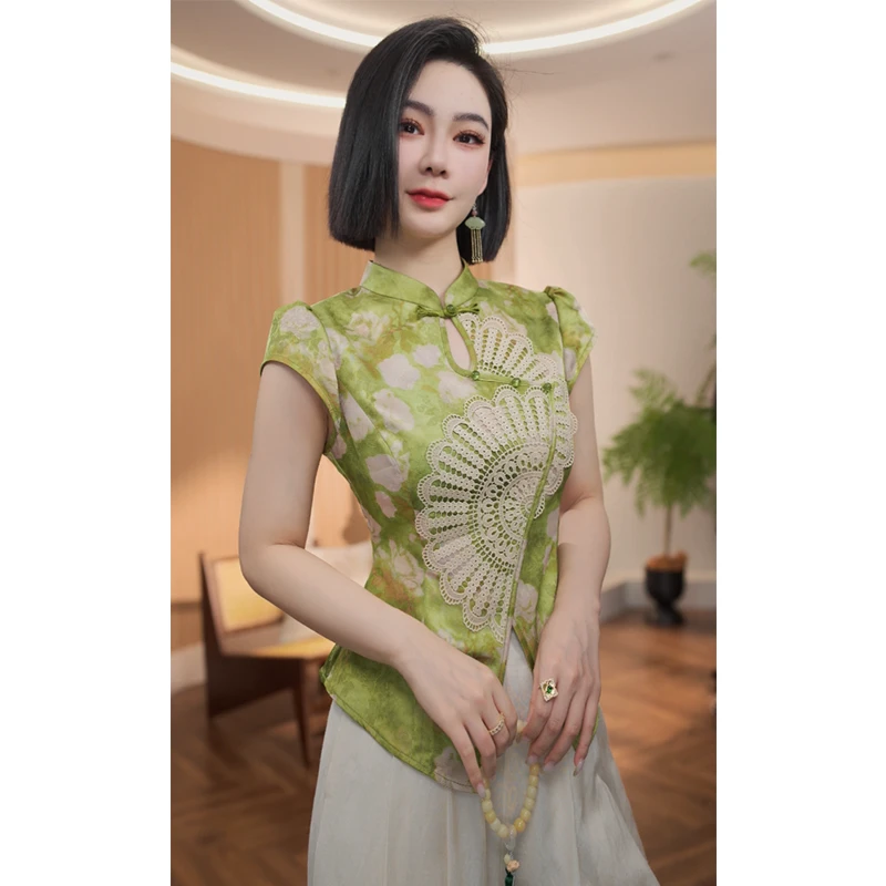 格娜【又见青绿】夏季设计感新中式独特漂亮小衫洋气新款优雅裤套装