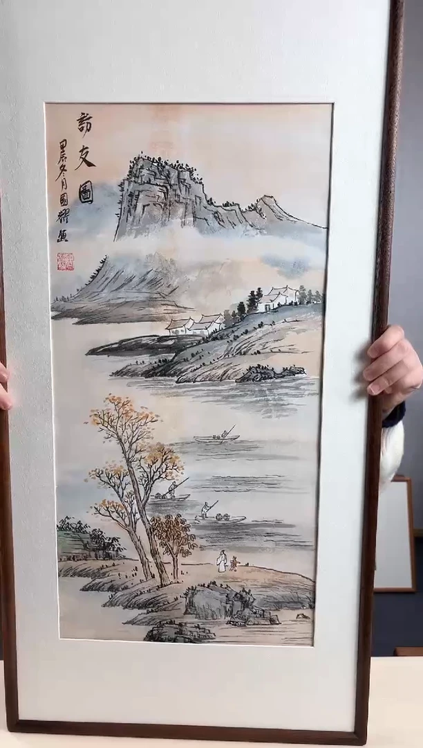 【闪购商品】国画手绘*访友图*47*92cm实木框