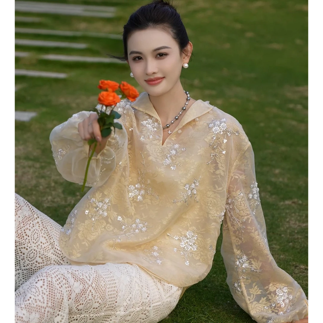 浪漫旋律重工钉珠亮片玫瑰提花国风温柔气质长袖衬衫