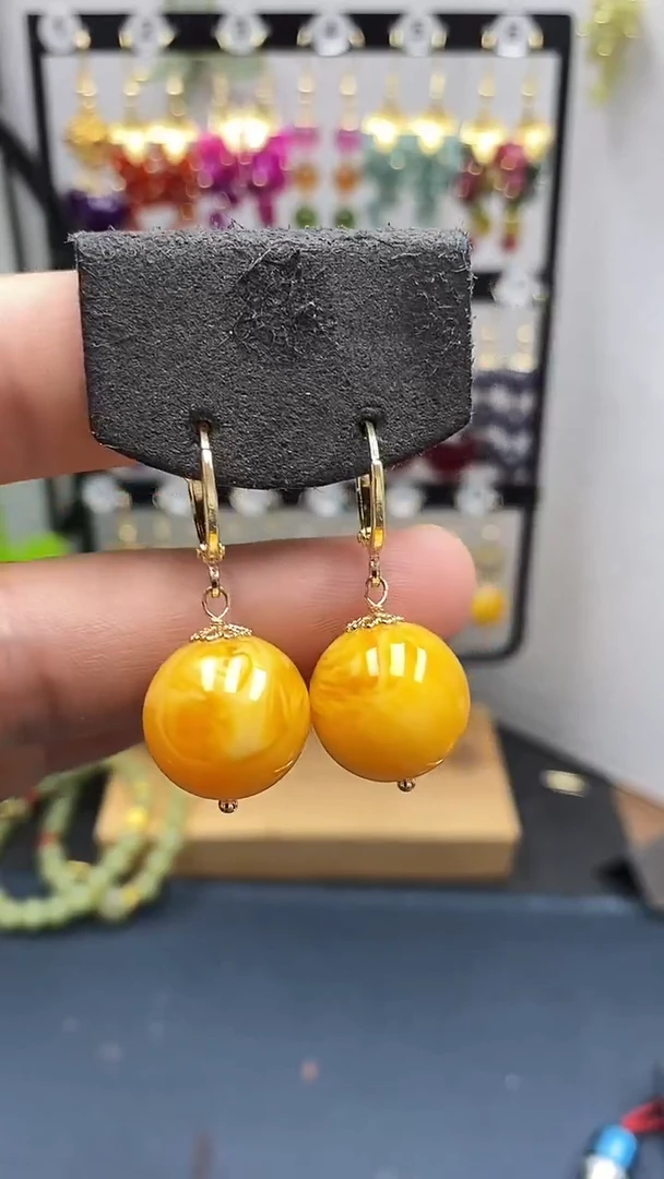 银S925镀金镶嵌蜜蜡耳饰尺寸16mm耳扣06