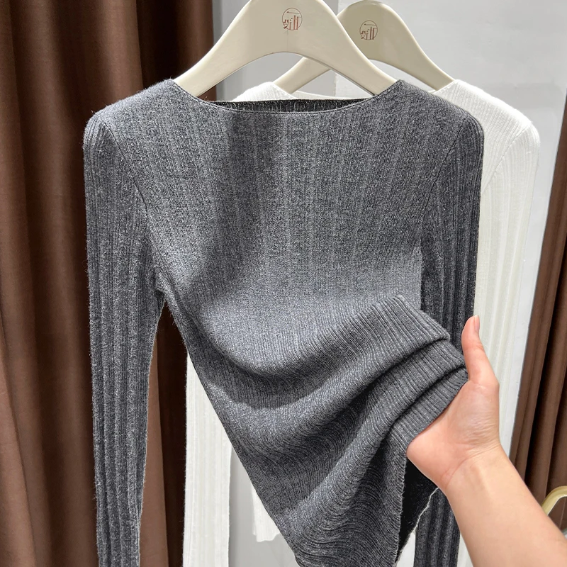 灰色圆领针织衫女爆款2025新款春季长袖软糯修身正肩套头洋气上衣
