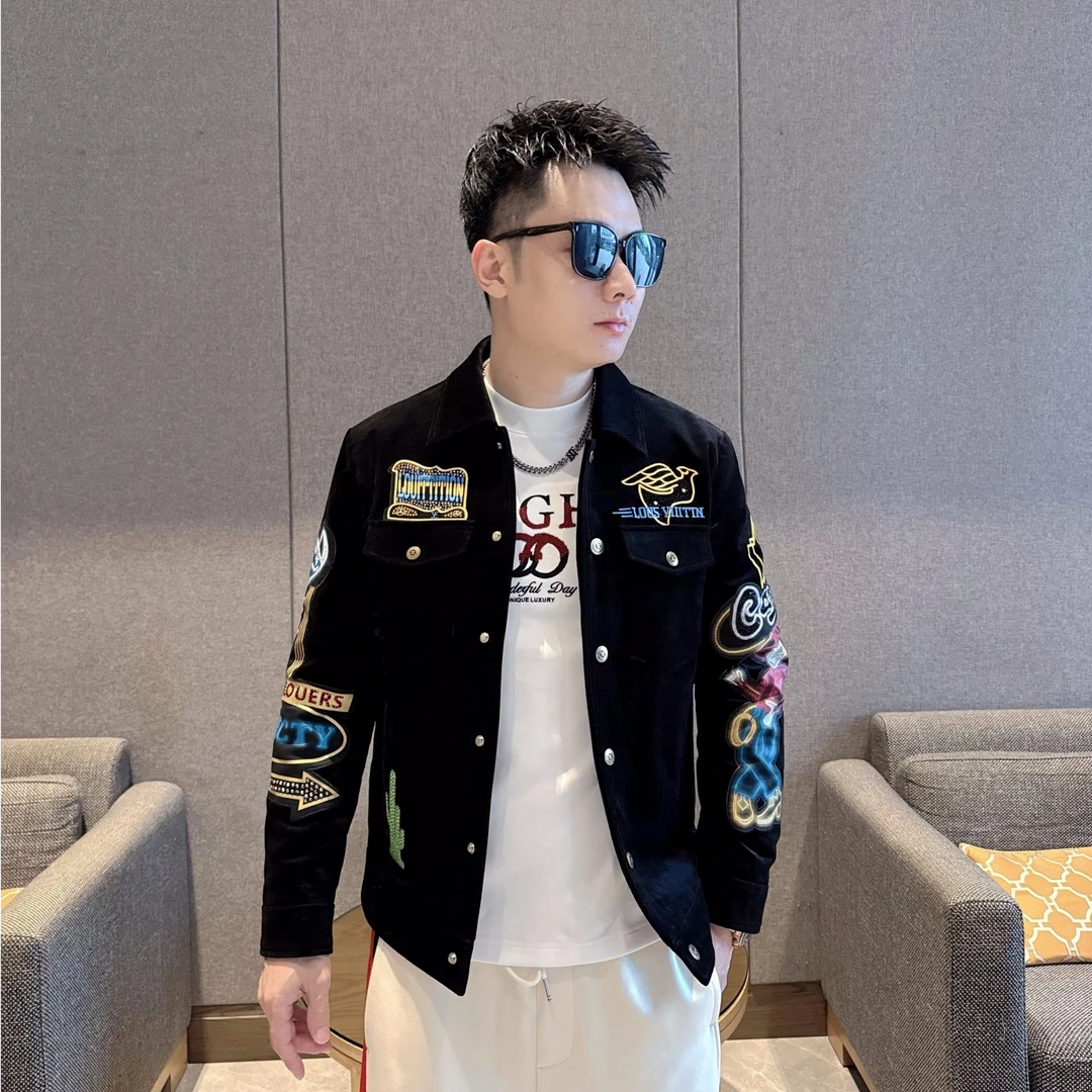 2025男士秋冬烫钻休闲保暖男重工刺绣夹克正肩款灯芯绒夹棉欧货