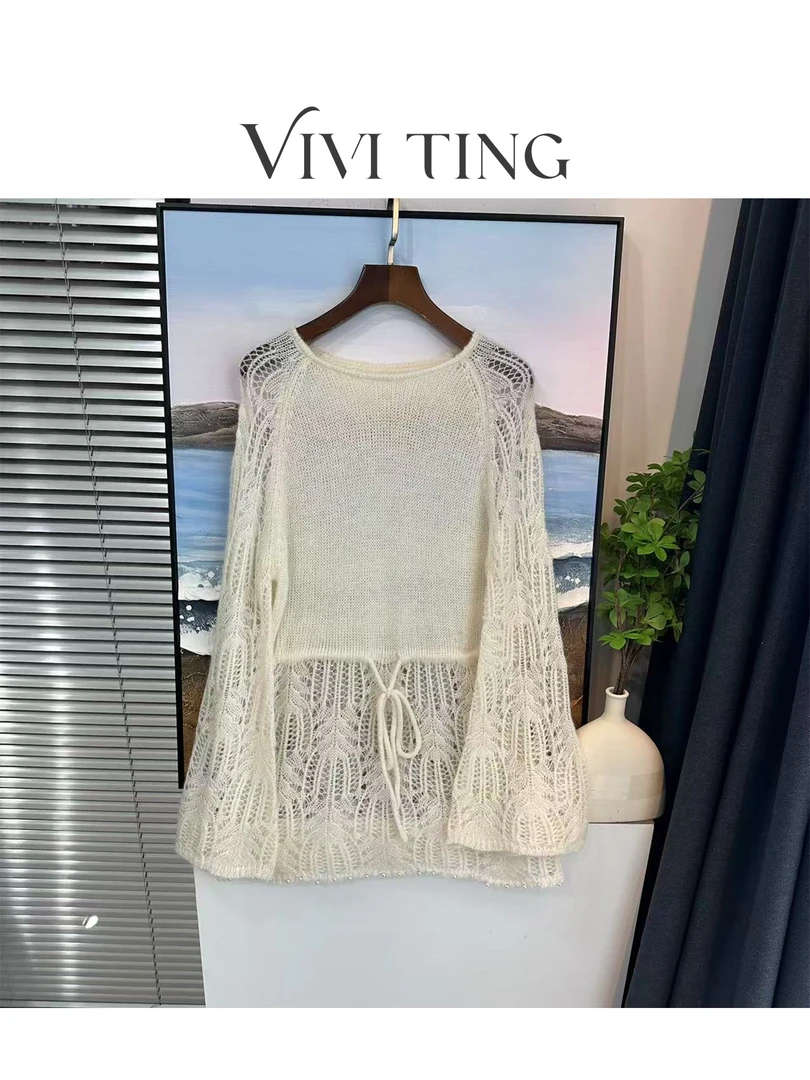 【VIVI·TING】婷姐推荐春装镂空钩花腰绑带系带连肩袖下钉珠毛衣s66