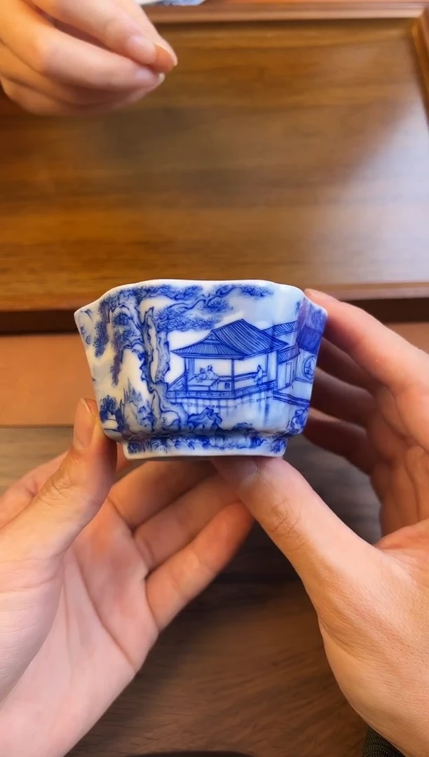 问青坊柴窑重工山水六方杯