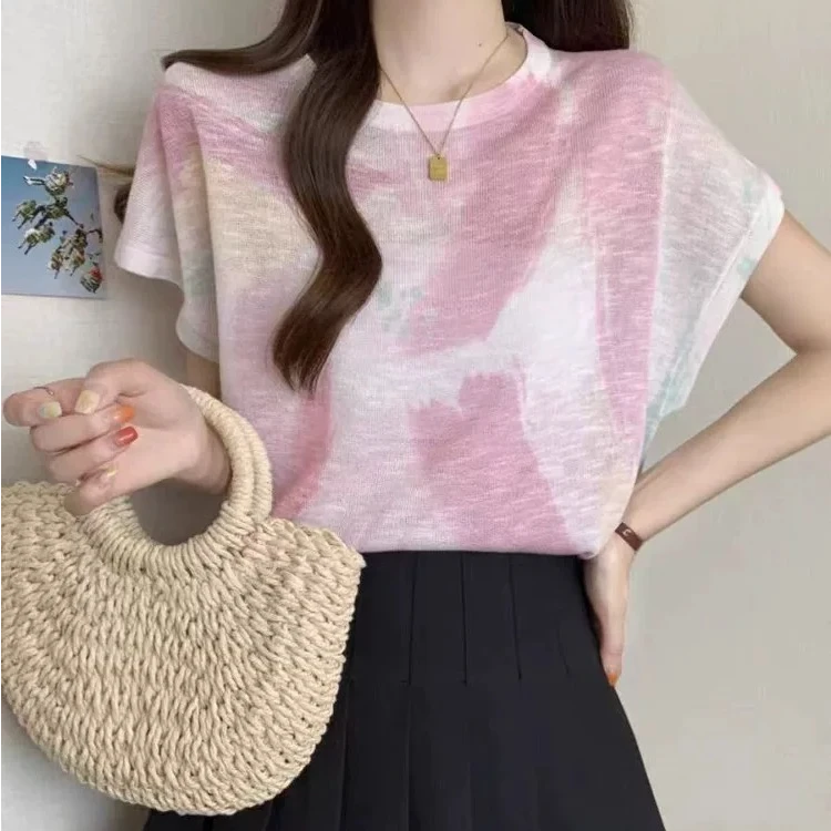 圆领印花短袖扎染T恤竹节亚麻女t恤套头小众气质设计感韩版时尚