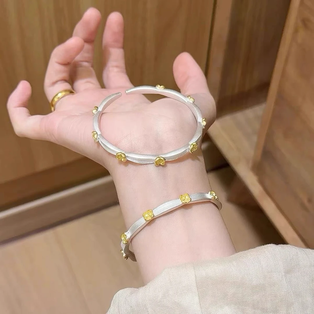 足银手镯 桂花镯足银实心开口镯精致创意描金幸运花雕刻