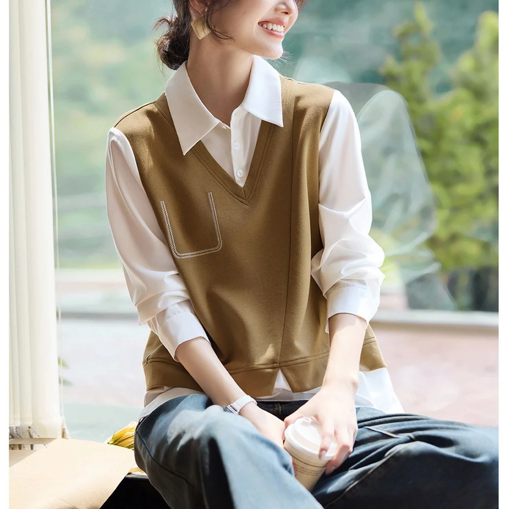 设计感假两件马甲衬衫春秋款新款撞色拼接叠穿长袖上衣