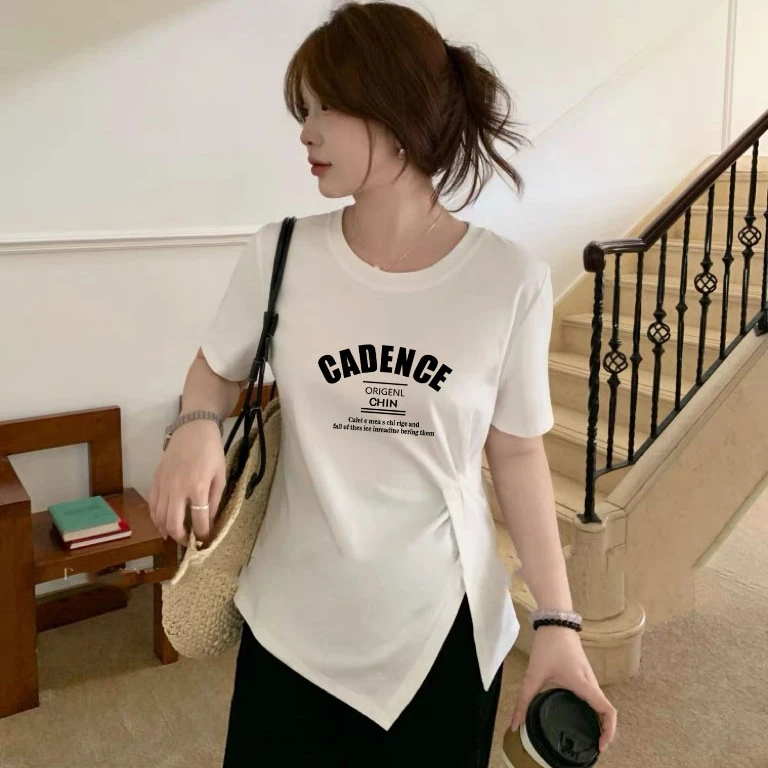 开叉短袖上衣大码胖mm显瘦遮肚子收腰正肩t恤女夏季设计感不规则