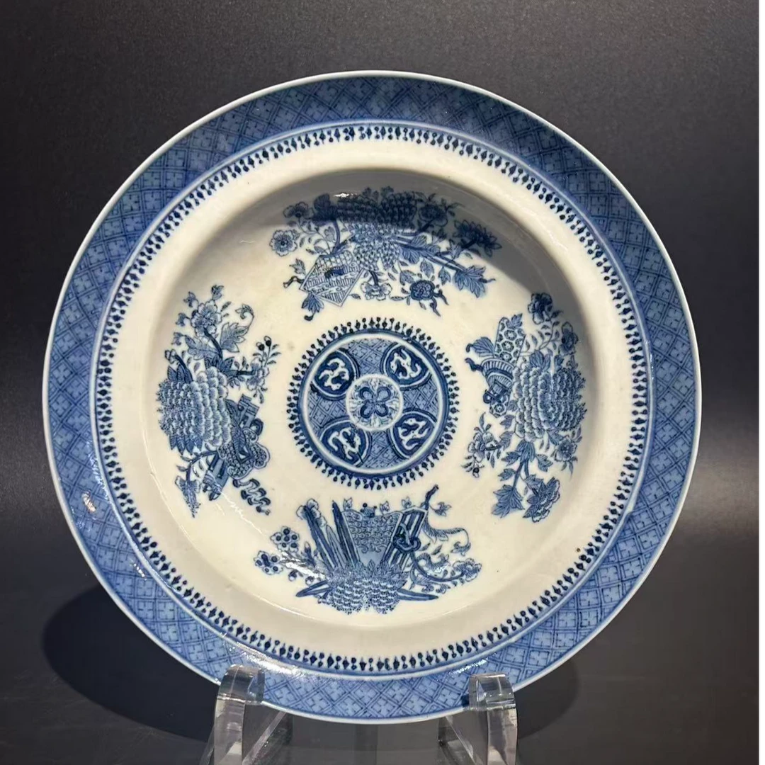 C-A0901076 清光绪青花锦底花卉纹赏盘(直径24.8)