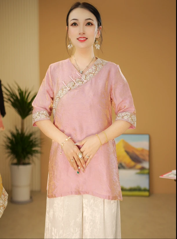 夏季渐变宽松新中式国风格格服重磅气质提花衬衫